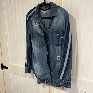 Vintage havanna EST 1954 distressed denim shirt with striped sleeves size S
